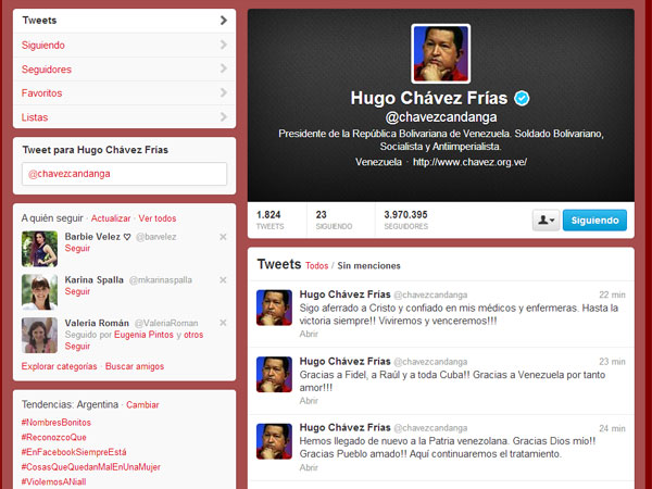 Chávez anuncia vía Twitter su regreso a Venezuela